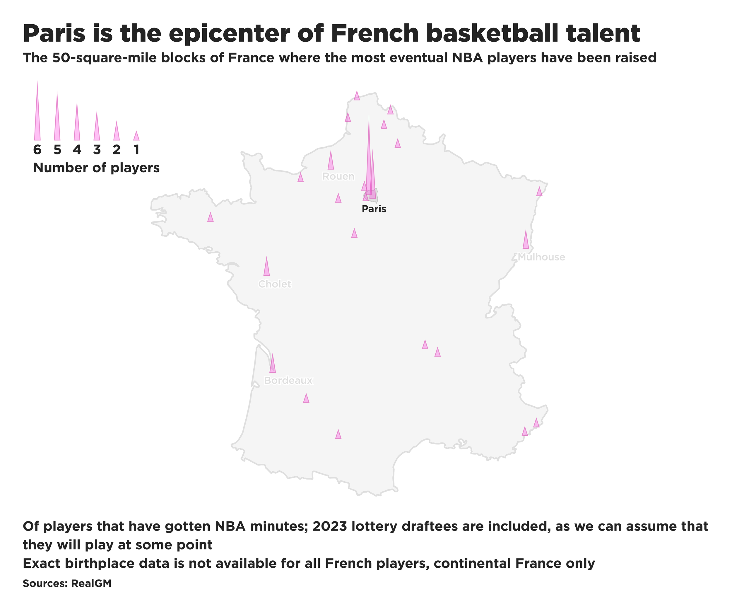 Chart: map showing how many French NBA players grew up playing in and around Paris